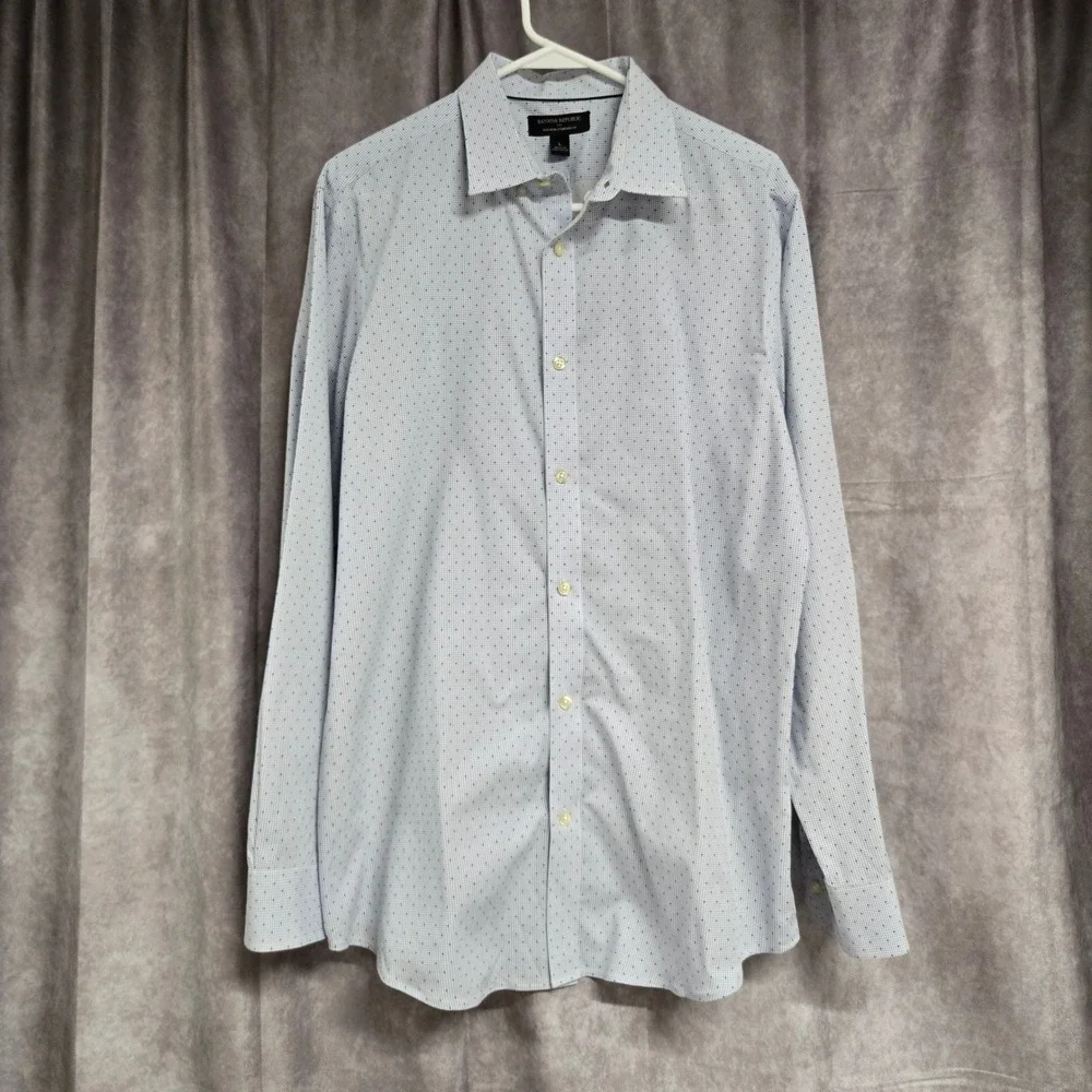 Banana Republic Non-Iron Standard Fit Shirt Blue White Polka Dot Check Men's L